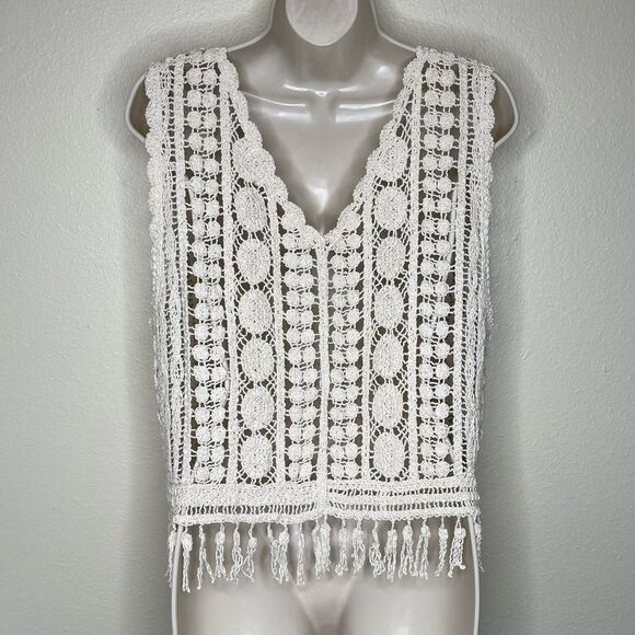 Rebellion Crochet Lace Fringe Button Front Cream Boho Vest Cotton Women Small - Picture 5 of 12